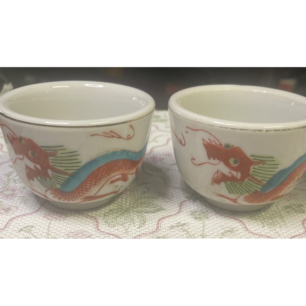 Vintage Red Dragon‎ Ware Rice Bowls Cups Set of 2 Asian Porcelain 3"
